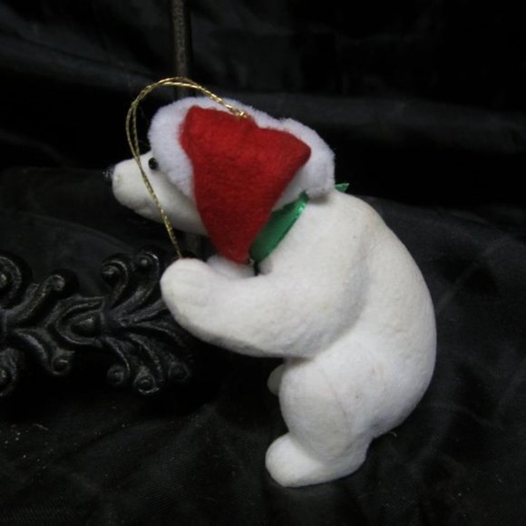 VINTAGE 50'S TO 60'S PLASTIC FLOCKED POLAR BEAR ORNAMENT W/ RED HAT & GREEN BOW - Picture 2 of 6